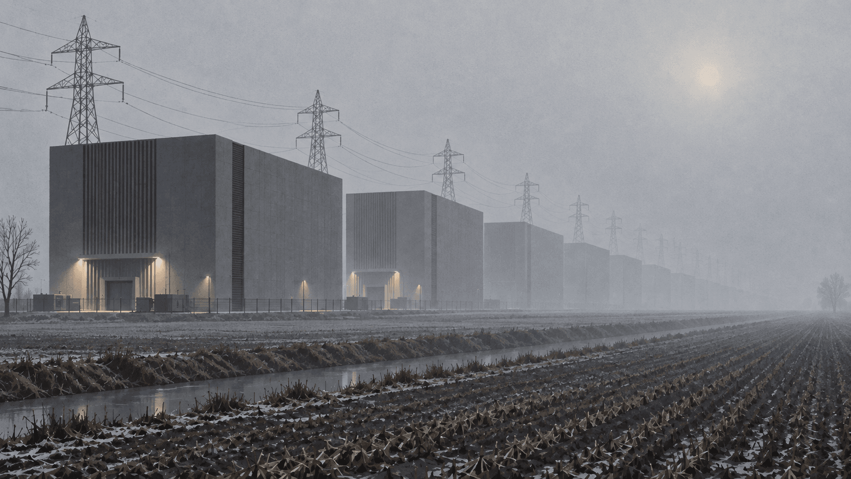 data center in un area agricola lombarda fotografata con nebbia